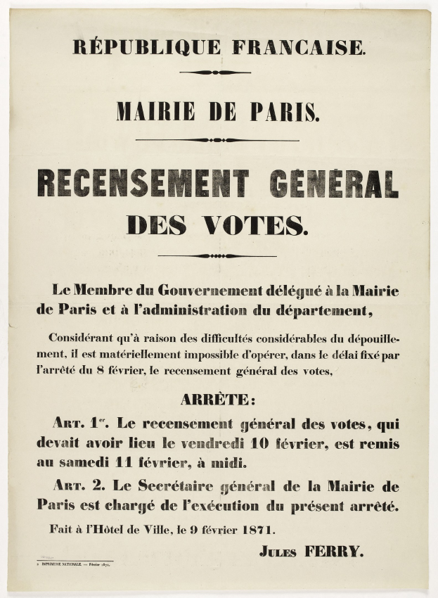 Plakat mit der Aufschrift "Recensement Général des Votes" im Zusammenhang mit einer allgemeinen Wahl in der Republik Frankreich.