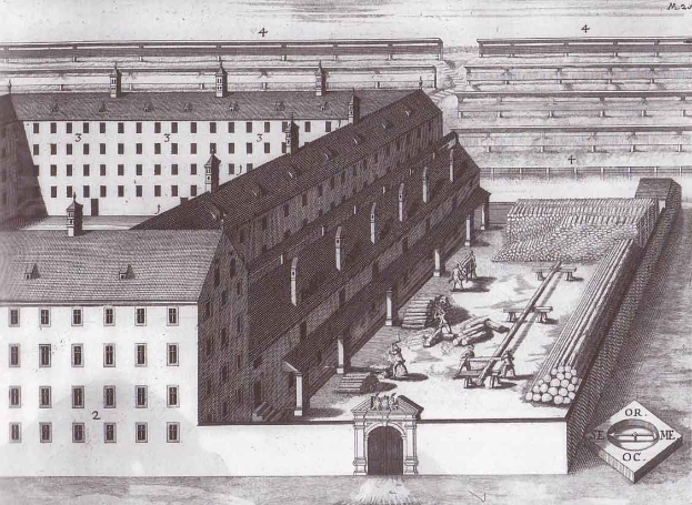 Old drawing of a large building with many windows, surrounded by people, wooden logs, and other objects, labeled as the prison of the Dresden concentration camp in 1853.