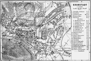 Black and white map of Kronstadt, Germany, showing streets, buildings, and landmarks with text on the right side.