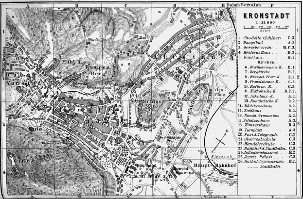 Black and white map of Kronstadt, Germany, showing streets, buildings, and landmarks with text on the right side.
