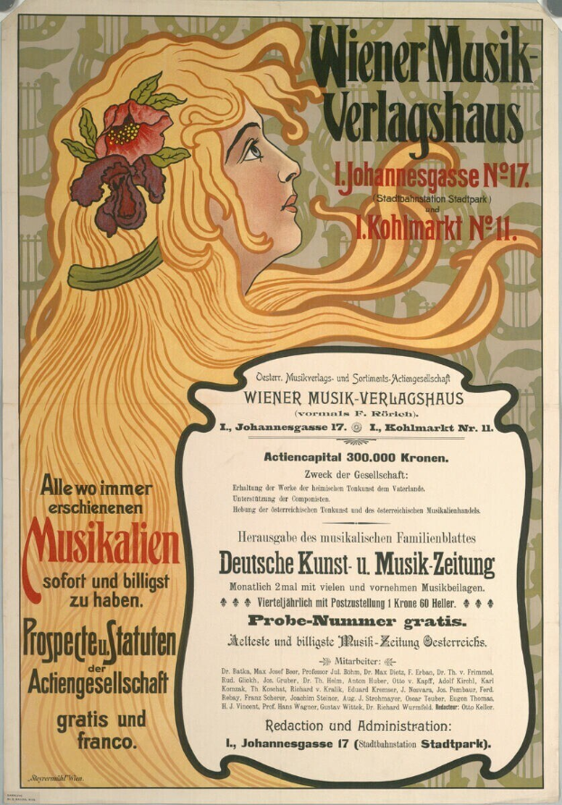 Poster featuring a woman in a white dress with a blue shawl, eyes closed and lips parted, surrounded by text and a yellow flower, with the words "Wiener Musik Verlagshaus" in bold black lettering.