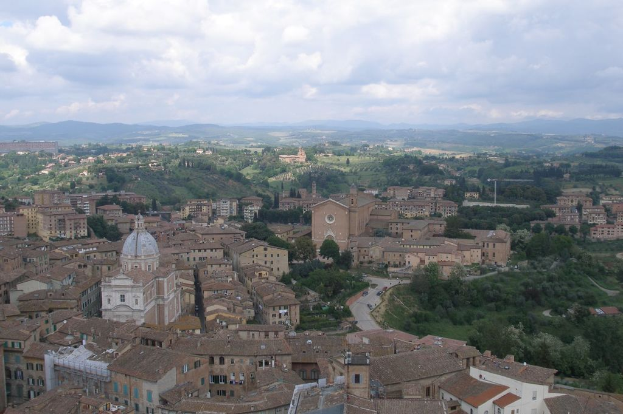 Eine Stadtansicht mit zahlreichen Geb├Ąuden, B├Ąumen, Bergen im Hintergrund und Wolken am Himmel.