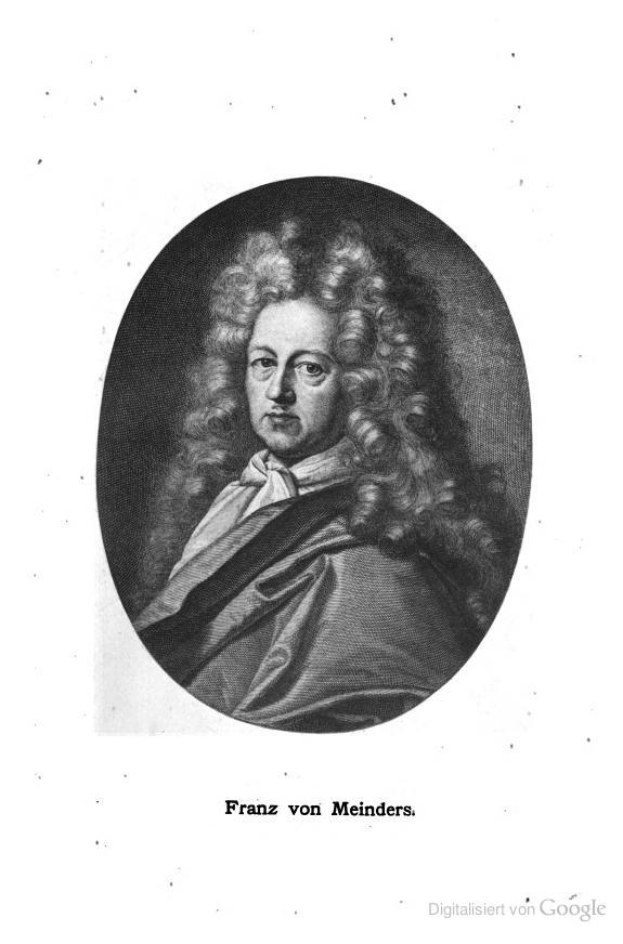 Ein Schwarz-Weiß-Porträt von Franz von Meinders, einem deutschen Komponisten mit langen Locken, mit deutschem Text unten.