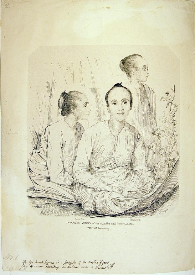 A faded illustration of three Javanese women in traditional attire sitting among foliage, with the caption "Javanese Women of the Middle and Lower Classes" visible at the bottom.
