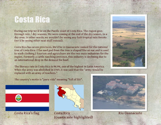 Ein Plakat mit der Aufschrift "Costa Rica", Bilder von verschiedenen Orten, Karten und der Flagge des Landes.