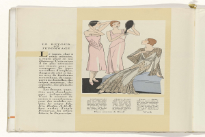 Black and white illustration of three women in dresses, one holding a mirror, with the text "Le retour au juponnage" on the open book.