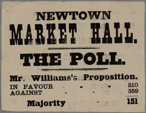 Papier mit handgeschriebenem Text: 'Newtown Market Hall, die Wahl, Mr. Williams' Vorschlag für gegen Mehrheit'.