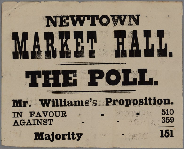 Papier mit handgeschriebenem Text: 'Newtown Market Hall, die Wahl, Mr. Williams' Vorschlag für gegen Mehrheit'.