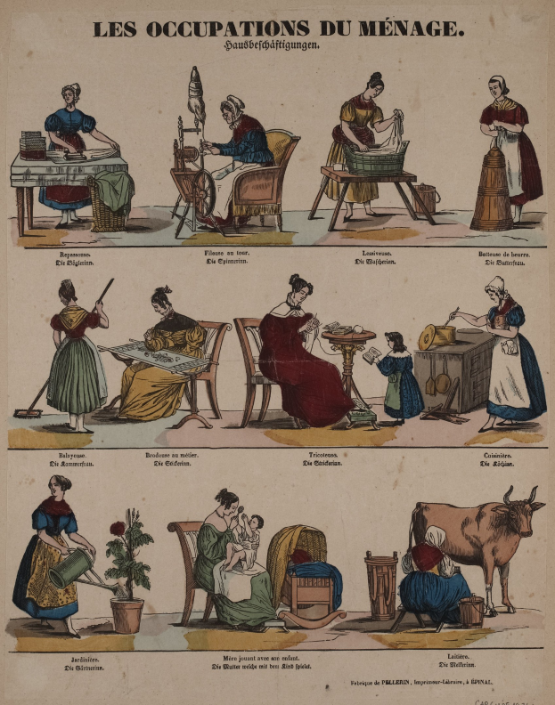 Ein Plakat aus dem 19. Jahrhundert, das geschlechterbasierte Berufe zeigt, mit sitzenden und stehenden Figuren, einer Kuh, einer Topfpflanze und anderen Gegenstnden sowie begleitendem Text.