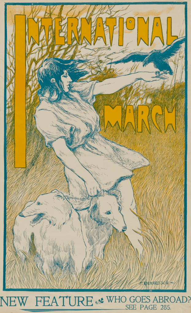 Plakat für den Internationalen Marsch mit einer Frau mit einem menschlichen Gesicht und einem Hund sowie Text mit Veranstaltungshinweisen.