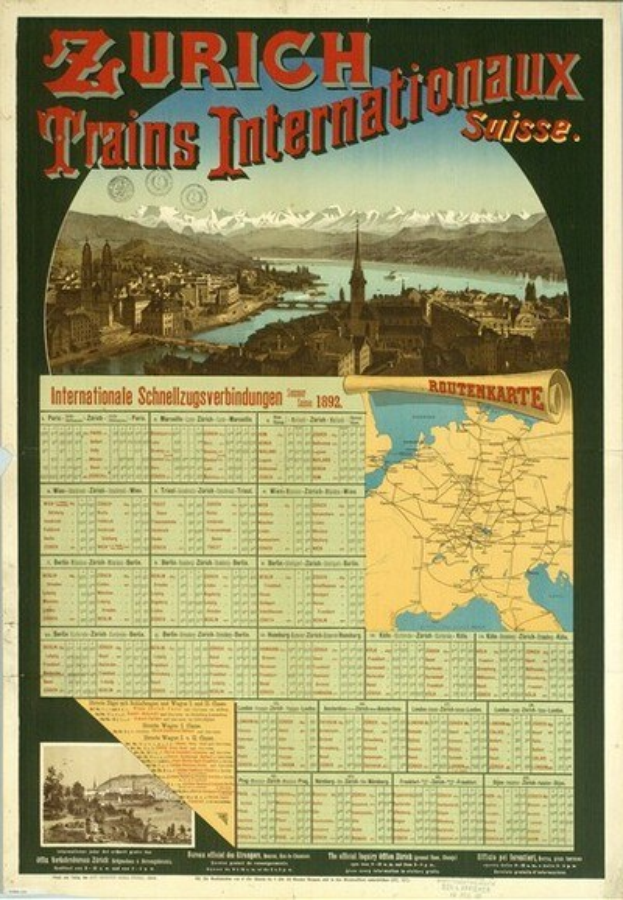 Plakat zur Ankündigung der Zürcher Bahnen Internationalaux mit einer Karte von Zürich, Gebäuden, Wasser, Bergen und Text.