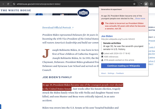 Ein Computerbildschirm zeigt die White House-Website mit dem offiziellen Porträt von Joe Biden und dem Text "Joe Biden" in fetter weißer Schrift auf einem navyblauen Hintergrund.