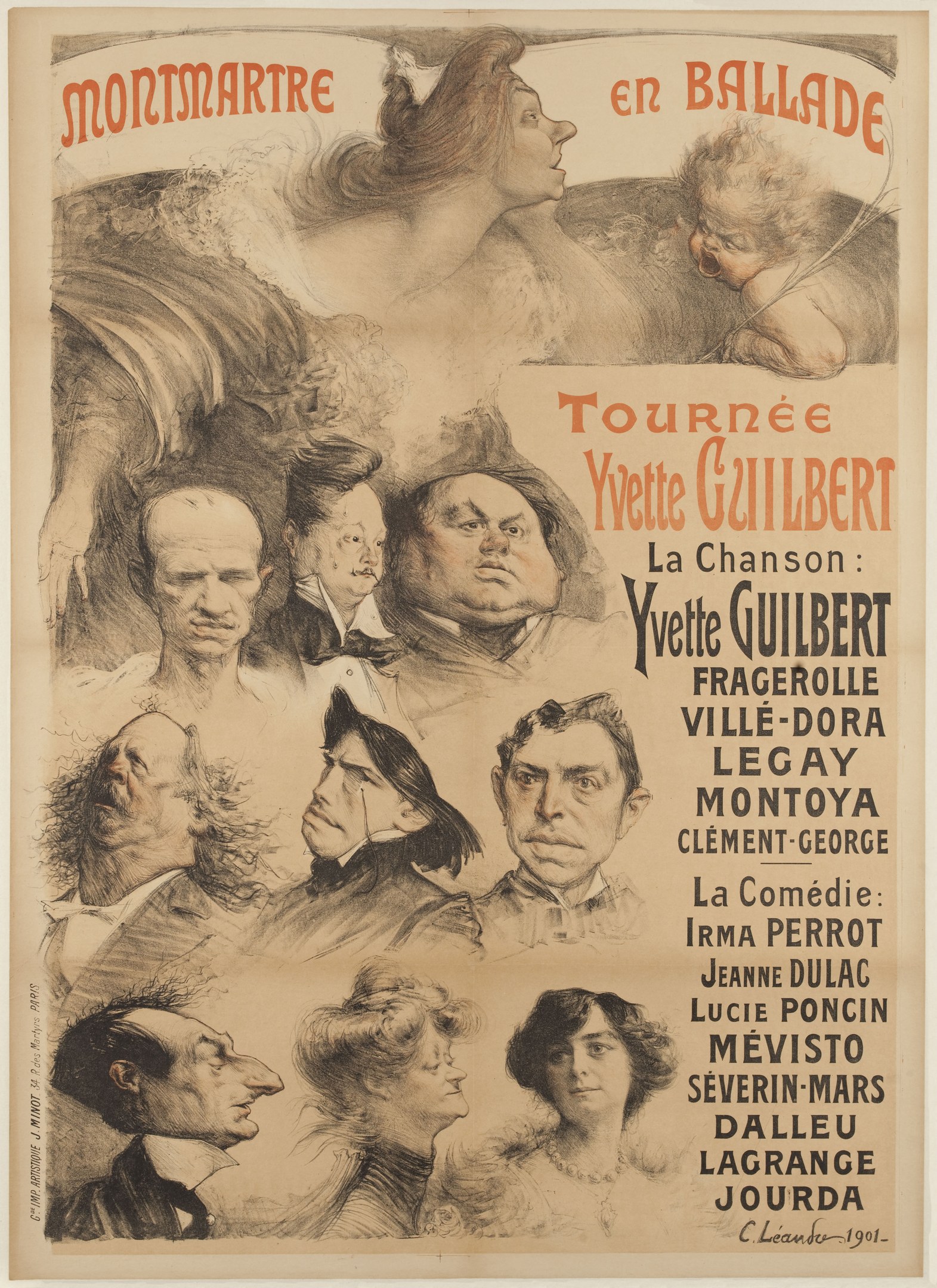 Poster advertising a concert featuring Yvette Guilbert with a group of people in the background and text describing the event.