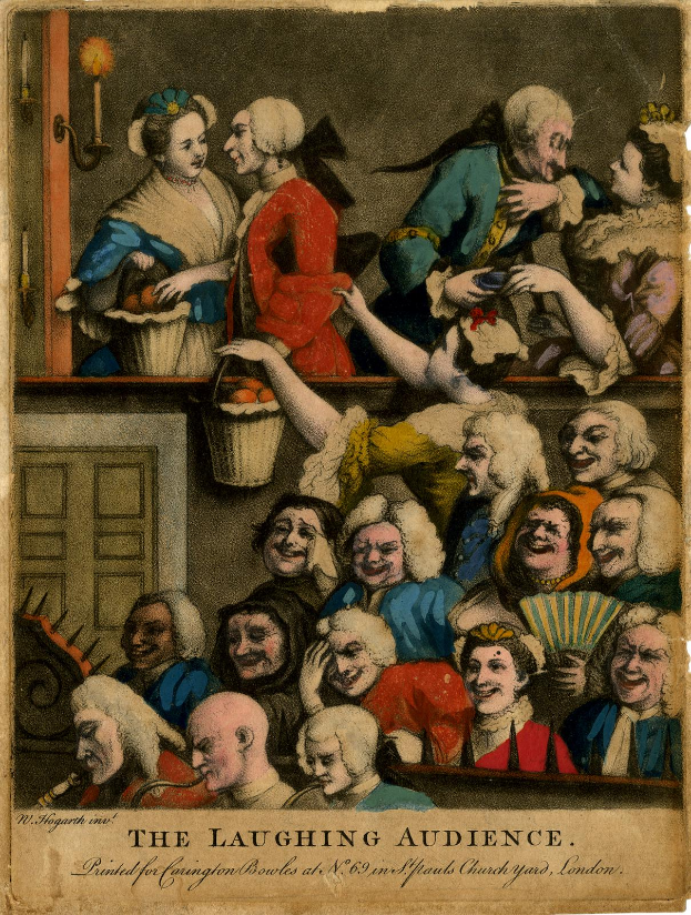 Ein Bild einer lachenden Menge mit einer Gruppe von Menschen im Vordergrund und einer Tür und einer Wand im Hintergrund, mit dem Text "Die Lachende Menge" unten.