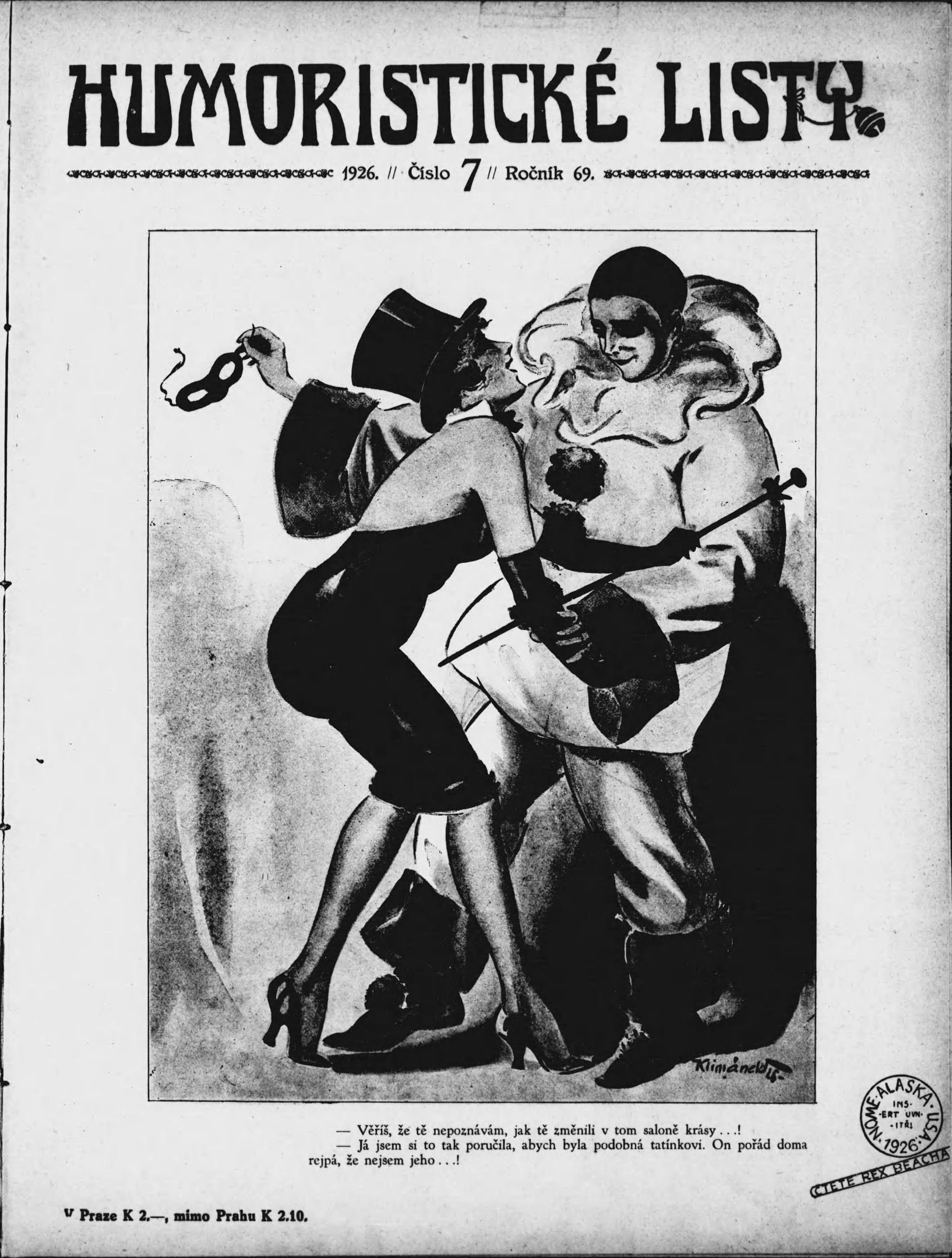 Schwarzes und weißes Plakat aus dem Jahr 1926, das einen Mann in Zylinder und eine Frau mit einem Musikinstrument zeigt, die zusammen tanzen.