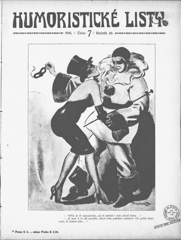 Schwarzes und weißes Plakat aus dem Jahr 1926, das einen Mann in Zylinder und eine Frau mit einem Musikinstrument zeigt, die zusammen tanzen.