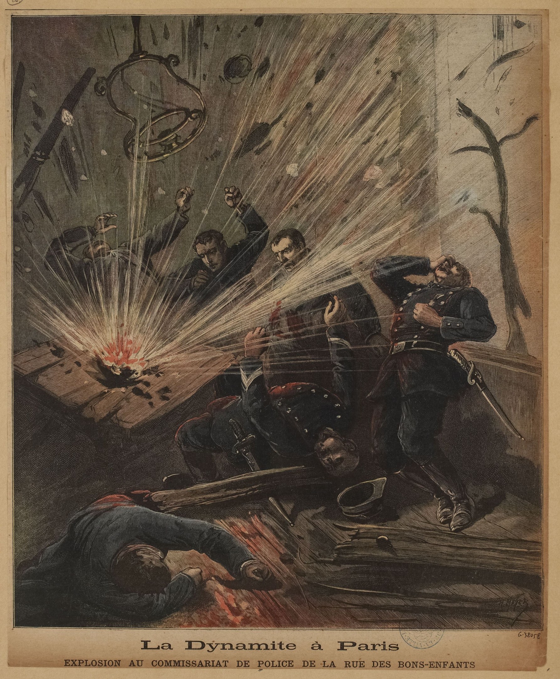 Eine chaotische Poster-Illustration einer Explosion in Paris während der Französischen Revolution, die Menschen am Boden und um einen Tisch mit verstreuten Gegenständen zeigt, mit Text unten, der 'La Dynamite à Paris' lautet.