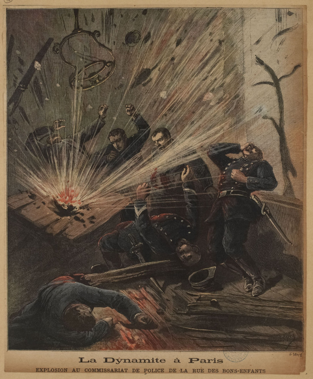 Eine chaotische Poster-Illustration einer Explosion in Paris während der Französischen Revolution, die Menschen am Boden und um einen Tisch mit verstreuten Gegenständen zeigt, mit Text unten, der 'La Dynamite à Paris' lautet.