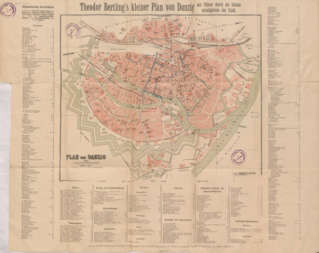 Ein altes, detailliertes Stadtplan von Berlin auf Papier, der Stra├čen, Geb├Ąude und Sehensw├╝rdigkeiten zeigt, mit zus├Ątzlichem Text.