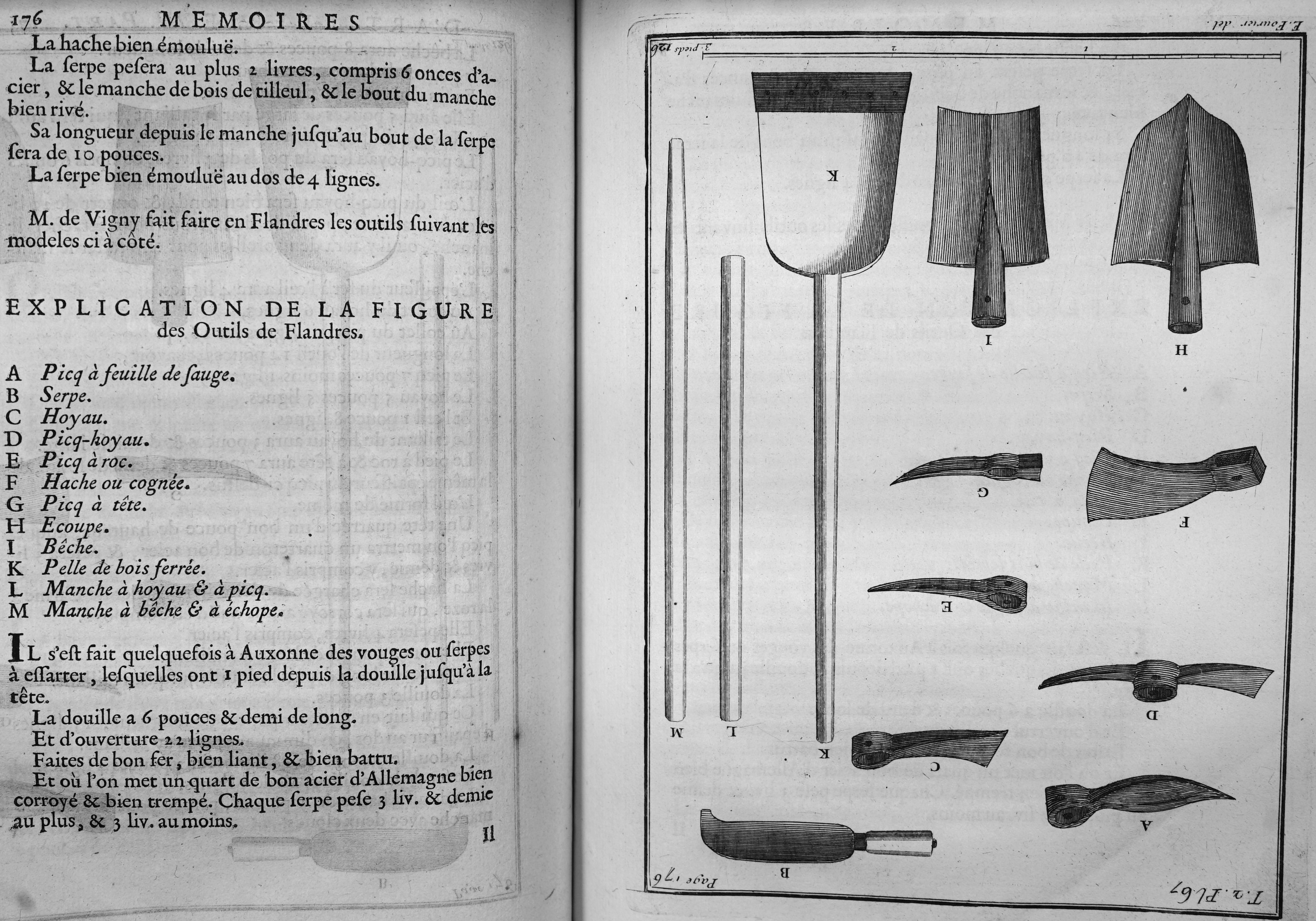 An open book displaying illustrations of tools such as a shovel, knife, and fork alongside descriptive text.