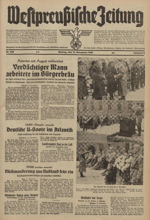 Schwarz-we├čer Titelseite einer deutschen Zeitung vom 13. November 1939, überzeichnet mit "Weitpreubliche Zeitung", zeigt eine Gruppe von Menschen in traditioneller deutscher Tracht beim Feiern.