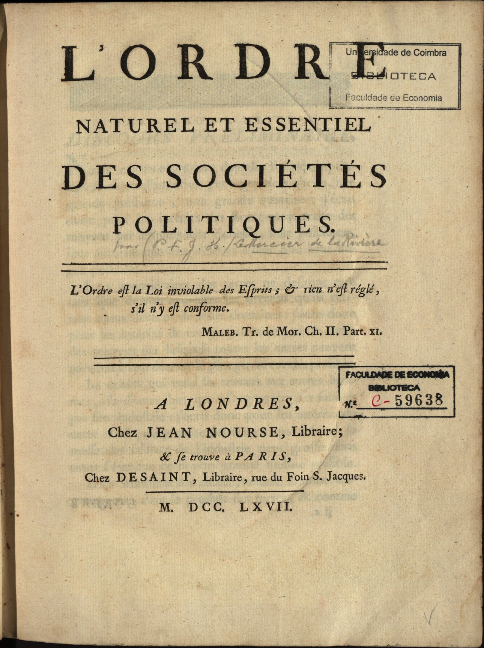 Old book titled "L'Ordre Naturel et Essentiel des Societes Politiques" open to a page of black ink text.