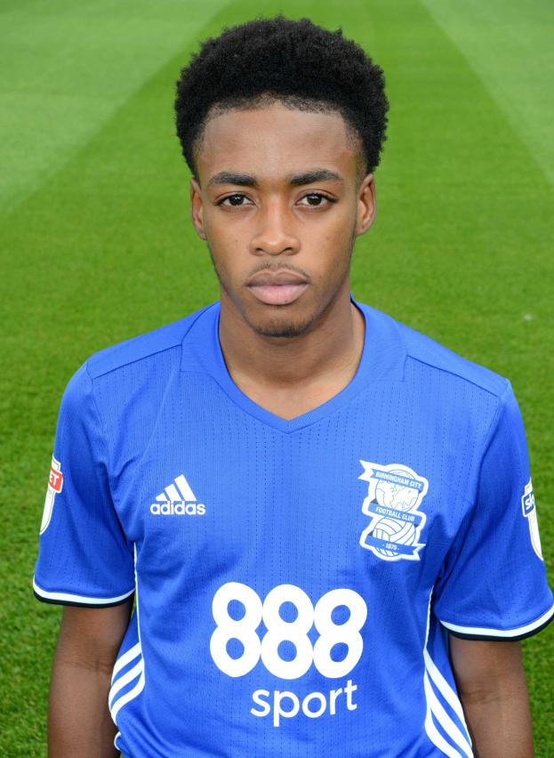 A young man in a blue Everton FC jersey stands on a soccer field with lush green grass in the background.