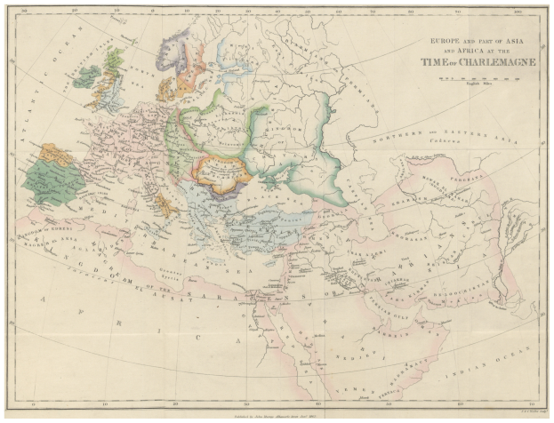 Eine historische Landkarte von Europa und Afrika zur Zeit Karls des Großen, die das Ausmaß des britischen Empire hervorhebt, mit begleitendem Text, der Länder und Regionen beschreibt.