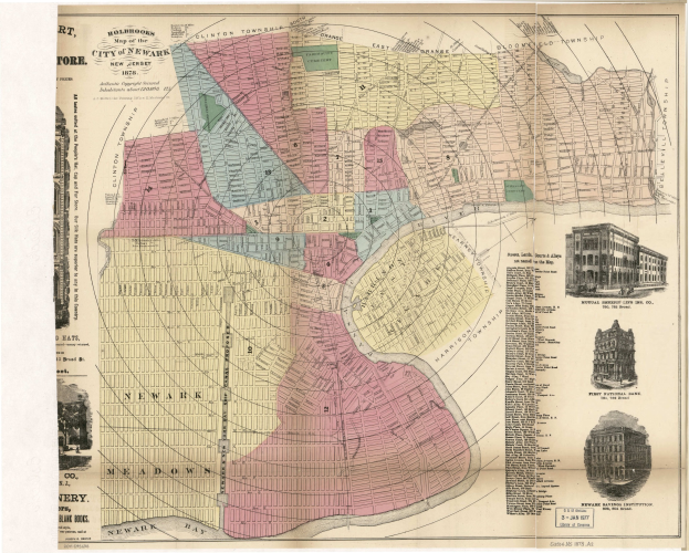 Detailed 1875 map of New York City showing buildings, text, and city layout.