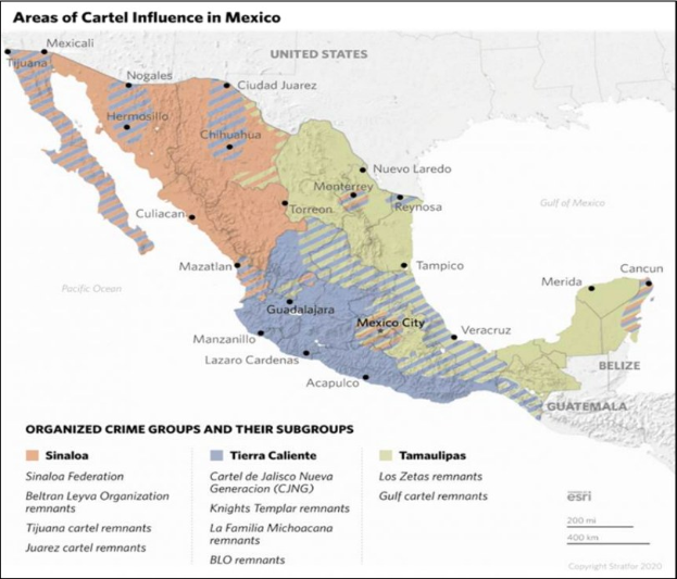 Ein Plakat mit einer farbcodierten Karte Mexikos, die die Einflussgebiete der Kartelle zeigt, begleitet von erklärendem Text.