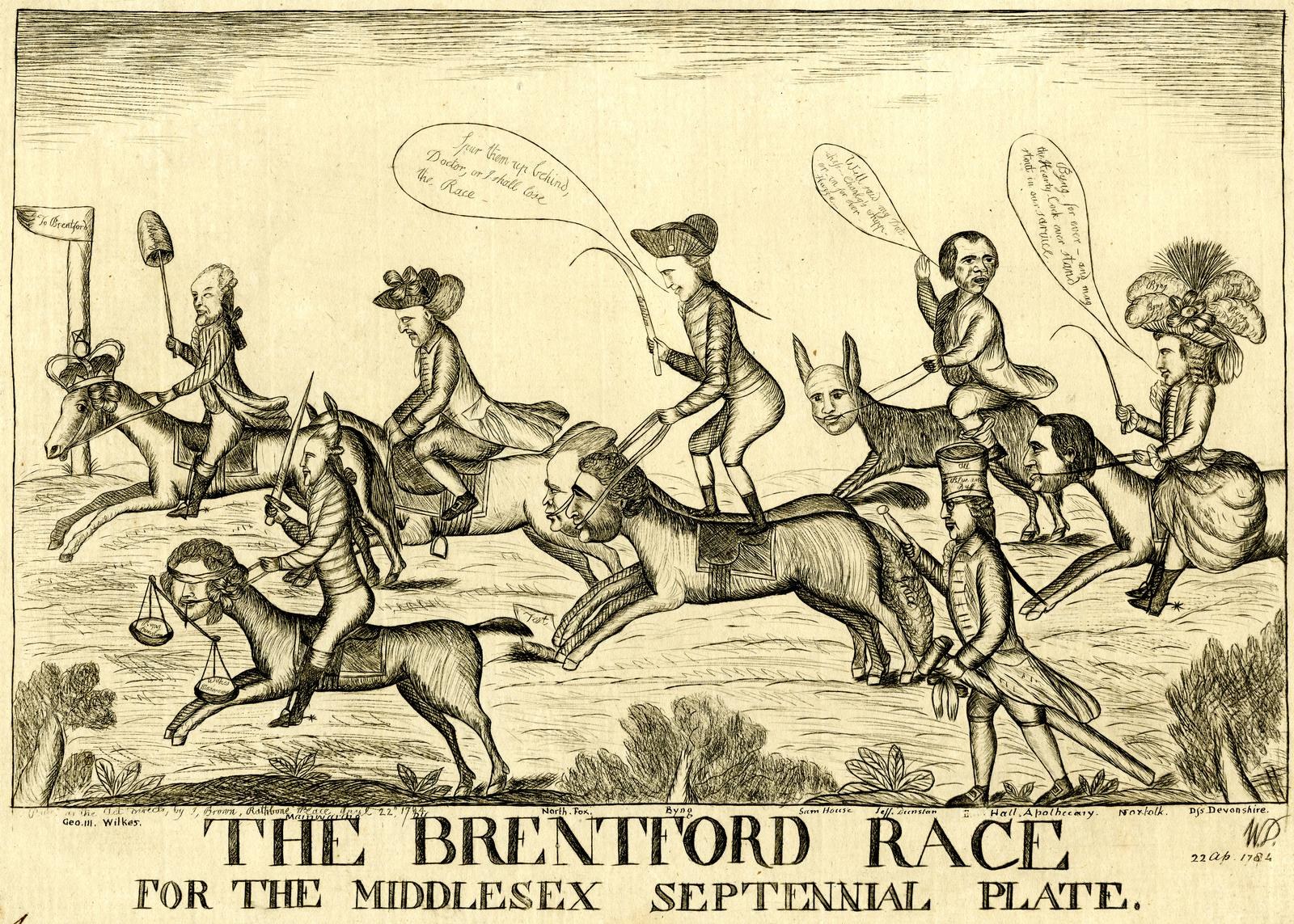 Plakat, das ein Pferderennen mit Reitern in historischer Kleidung zeigt, Grün im Hintergrund und Text unten.