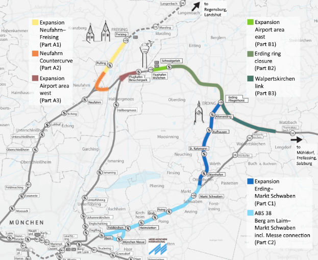 Ein detaillierter Stadtplan, der eine Zugroute von München nach Frankfurt hervorhebt, zeigt Haltestellen, umliegende Gebiete und Text mit zusätzlichen Informationen über den Zug.