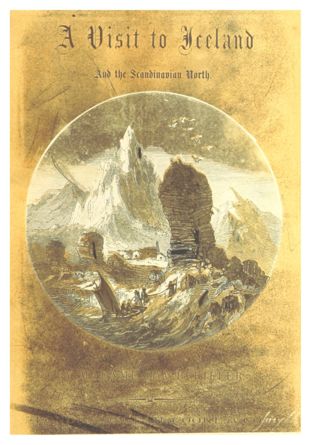 Ein Plakat, das eine Reise nach Island und den skandinavischen Norden ankündigt, zeigt ein Bild von majestätischen Bergen und den Text "Eine Reise nach Island und den skandinavischen Norden".