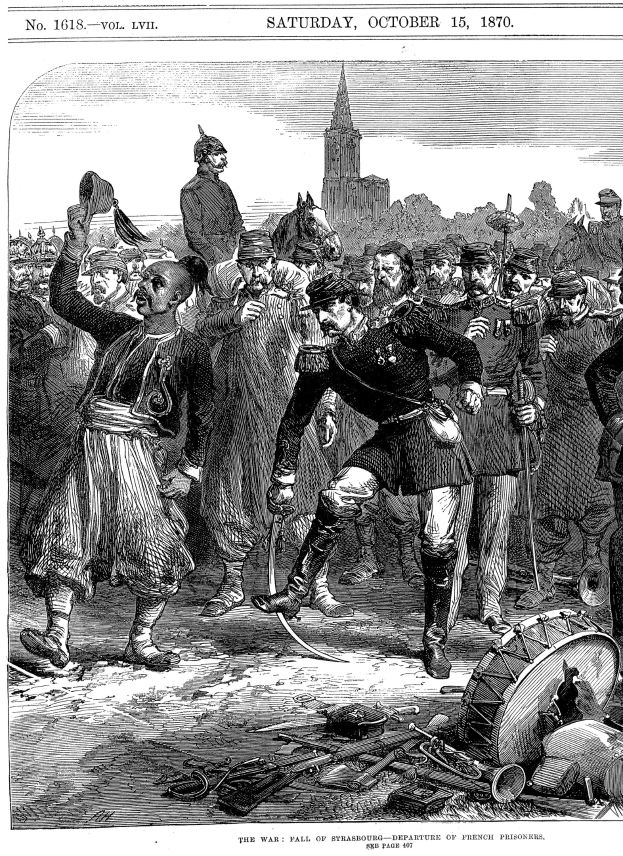 Schwarz-weiß-Zeichnung einer Gruppe verzweifelter Menschen vor einem hohen, imposanten Gebäude bei Sonnenuntergang mit der Beschriftung "Der Krieg in Sachsen-Anhalt, 15. Oktober 1870."