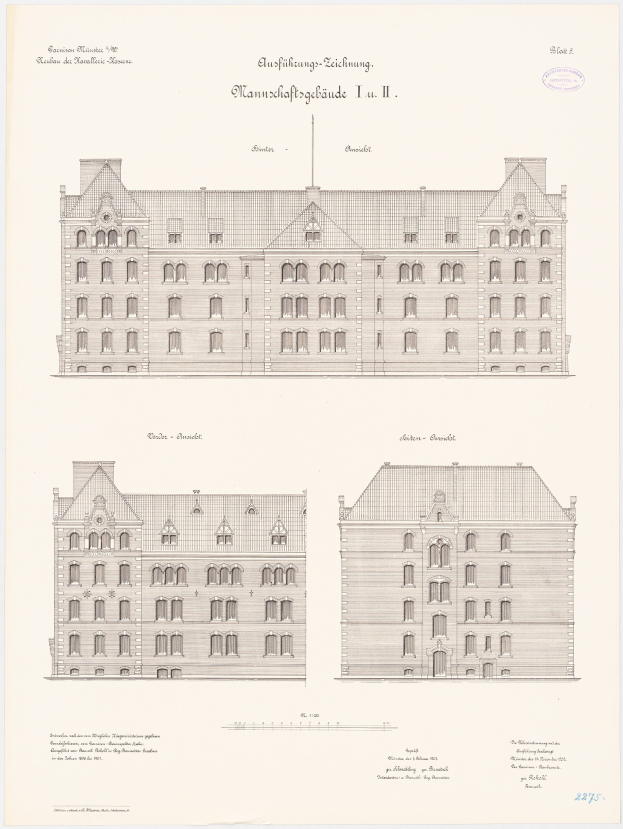 A drawing of the main facade of Schlosshausen in Leipzig, Germany, featuring many windows, with additional text on the paper.