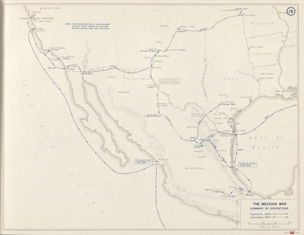 Detailierte Karte des Mexikanisch-Amerikanischen Krieges, die seine Route, geografische Merkmale und wichtige Orte zeigt, begleitet von erklärendem Text über den Konflikt.