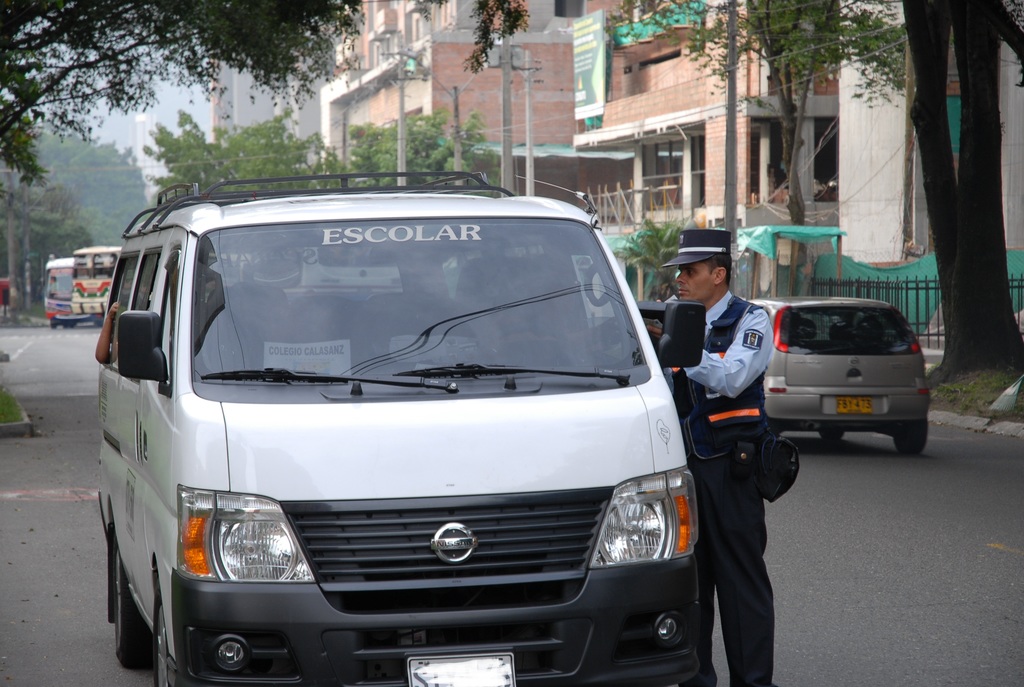 Ein Polizeibeamter spricht mit einer Person in einem Fahrzeug auf einer belebten Straße, die von Bäumen gesäumt ist und von hellbraunen Gebäuden und Strommasten gesäumt ist.