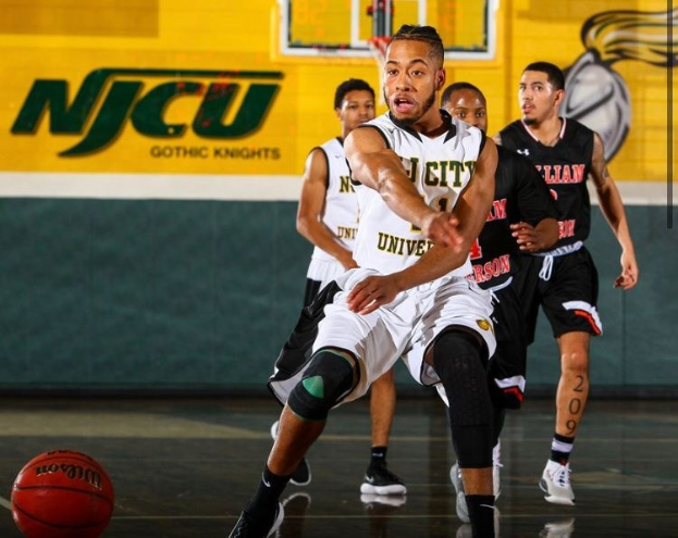 A group of men playing basketball on a court with a wall displaying "NCU Men's Basketball" and the date February 22nd, 2020, in the background.