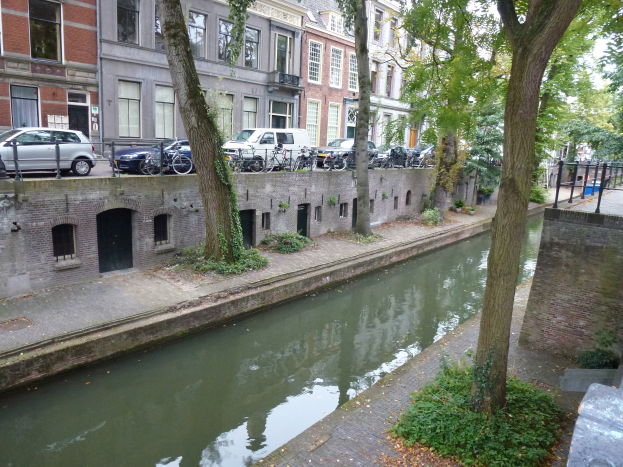 Small canal running through a city with tall buildings, crossed by a bridge carrying trees, plants, and vehicles, under a visible sky.