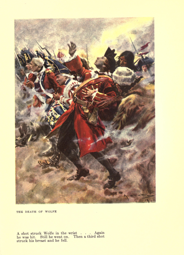 Ein Plakat mit der Aufschrift 'Der Tod von Wolfe', das eine Gruppe besorgter Menschen zeigt, einige schauen ängstlich nach oben und andere traurig nach unten, mit gedämpften Farben, die eine melancholische Stimmung erzeugen.