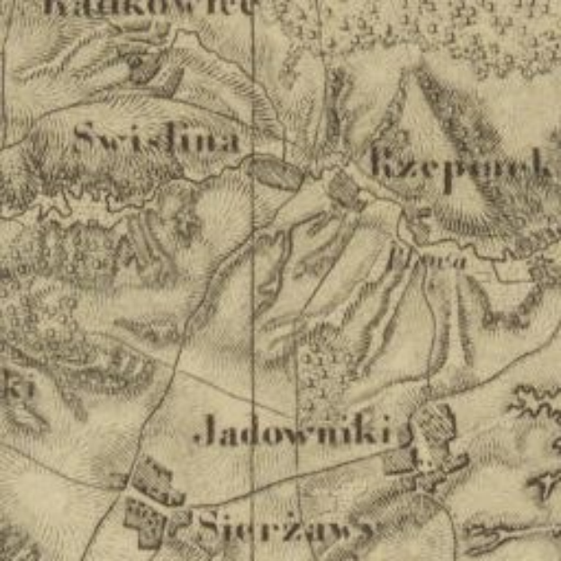 Old detailed map of Jadowniki showing streets, buildings, and landmarks with additional text information.