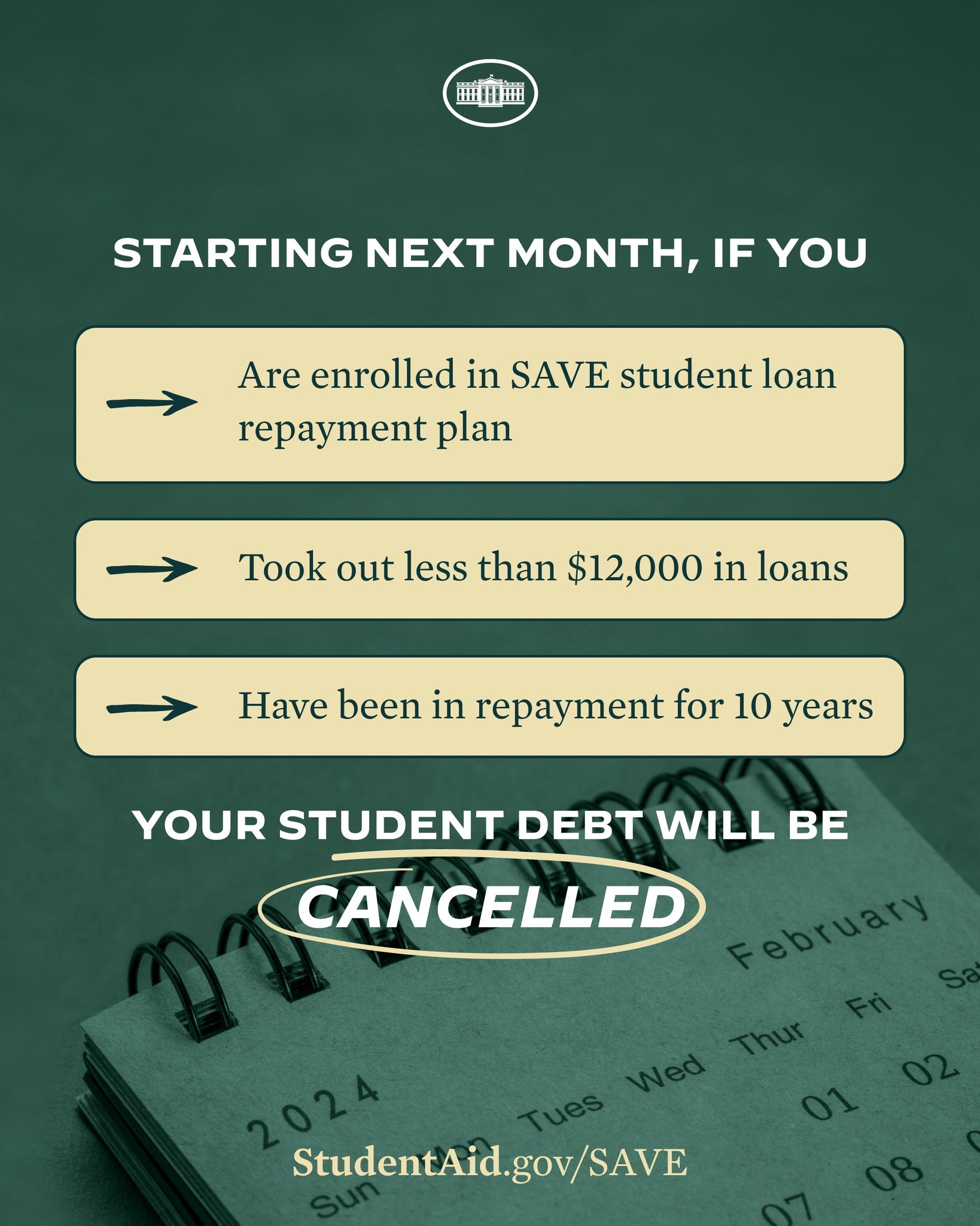 Plakat zur Ankündigung der Stundung von Studentenschulden für alle, die im nächsten Monat im Save Student Loan Repayment Plan eingeschrieben sind.