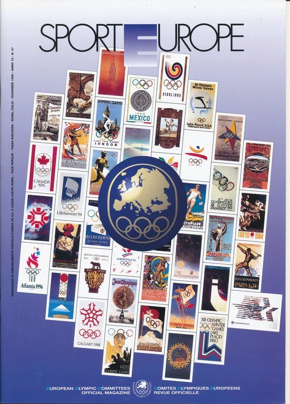 Ein Buchumschlag mit dem Titel "Sporting Europe", der farbenfrohe Bilder und Texte zu den Olympischen Spielen in Europa zeigt, mit fetter weißer Überschrift.