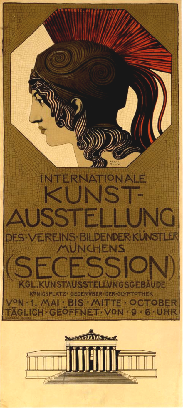 Ein Plakat für die Internationale Kunstausstellung in München, Deutschland, das eine Frau mit einem menschlichen Gesicht in der Mitte und Text mit Informationen zum Event zeigt.