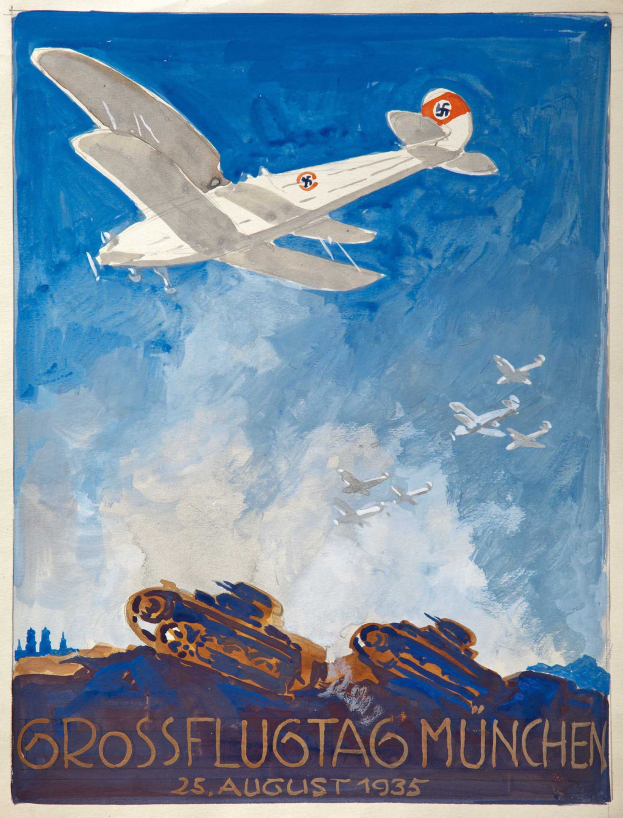 Plakat für eine Luftschau in München am 25. August 1935, das Flugzeuge am Himmel zeigt