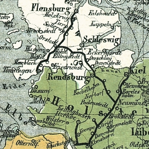 Ein altes Stadtplan von Flensburg, Deutschland, mit Text und Zahlen, die die Standorte der Stadt markieren.