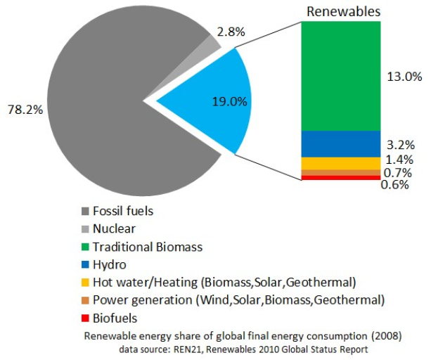 Ein Kreisdiagramm, das den globalen erneuerbaren Energieverbrauch im Jahr 2008 zeigt, unterteilt in Abschnitte für fossile Brennstoffe, Kernenergie, Wasserkraft, Warmwasser, Heizung, Biomasse, Solarenergie, Geothermie und Biokraftstoffe, mit begleitendem Text.