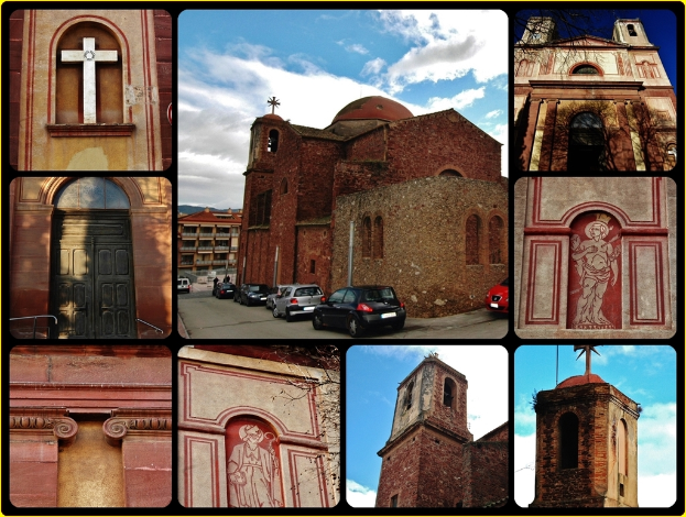 Ein Collage aus neun Bildern mit einem zentralen Gebäude mit parkenden Autos davor, einem Kreuzsymbol oben links, einem Gebäude oben rechts und Gebäuden unten.