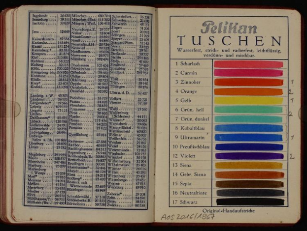 Ein offenes deutsches Handbuch mit bunten Texten und Mustern, vor dunklem Hintergrund.