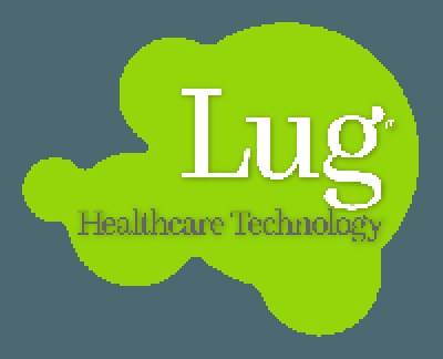 Logo der Lug Healthcare Technology mit fettem schwarzen Text in der Mitte auf einem weißen Hintergrund, umgeben von einem blauen Kreis mit weißer Umrandung.